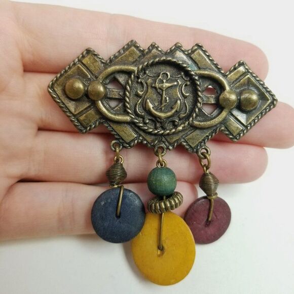 Vintage Funky Sailors Anchor Bronze Color Brooch with Beaded Charms, Retro - Picture 1 of 6